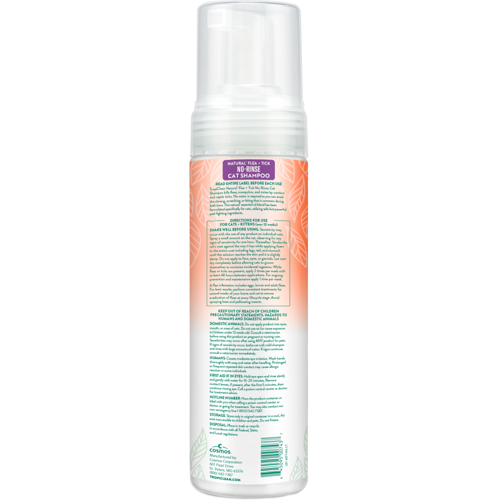 TropiClean Natural Flea + Tick Waterless Shampoo for Cats, image of back of bottle