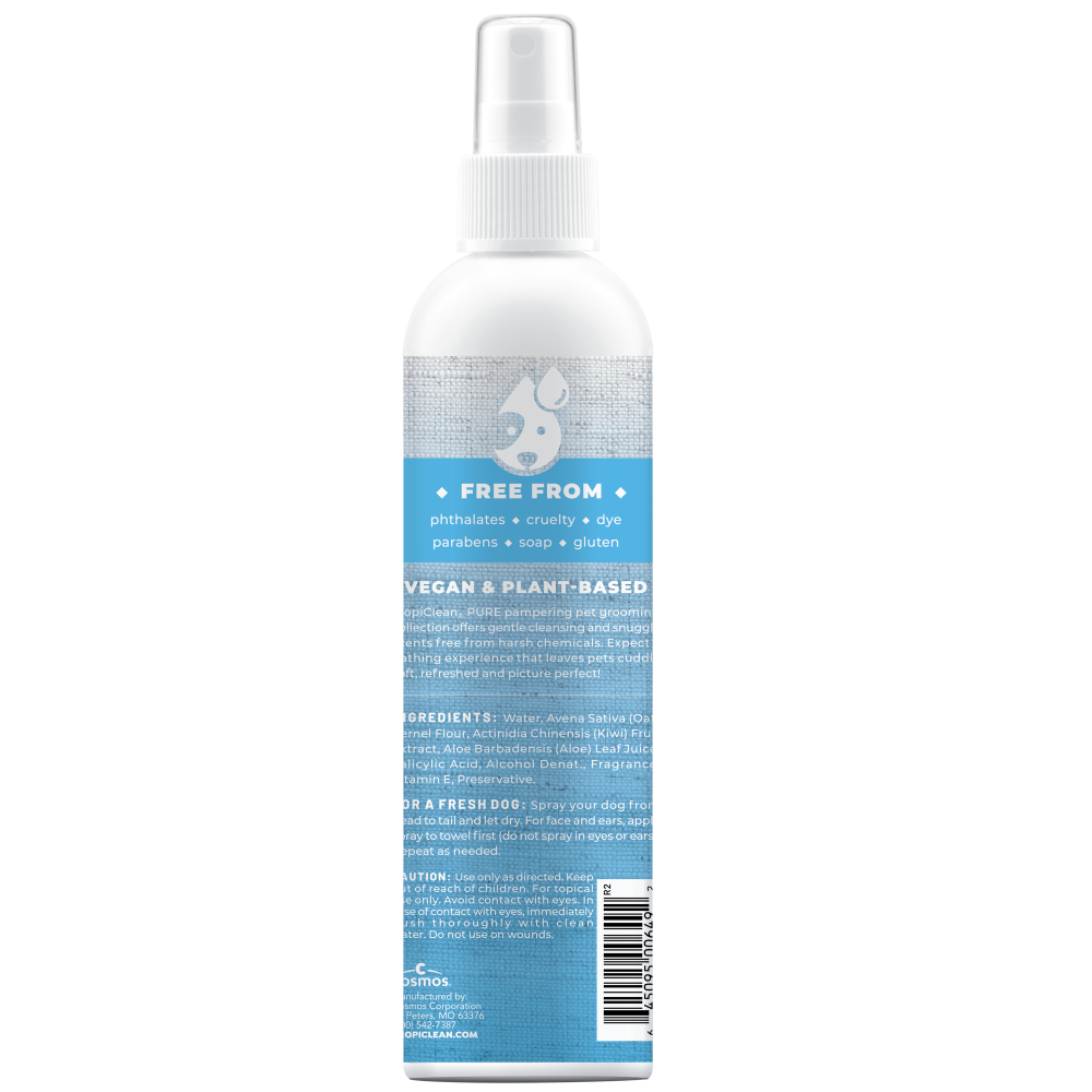 TropiClean PURE Breezy Fresh 2-in-1 Deodorizing Spray for Dogs & Cats, back of spray bottle