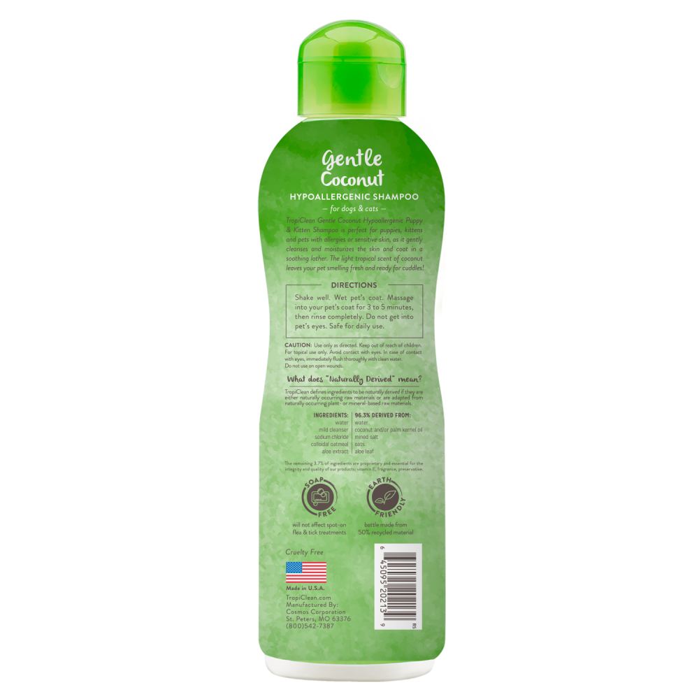 TropiClean Gentle Coconut Hypoallergenic Puppy and Kitten Shampoo, image of back of bottle