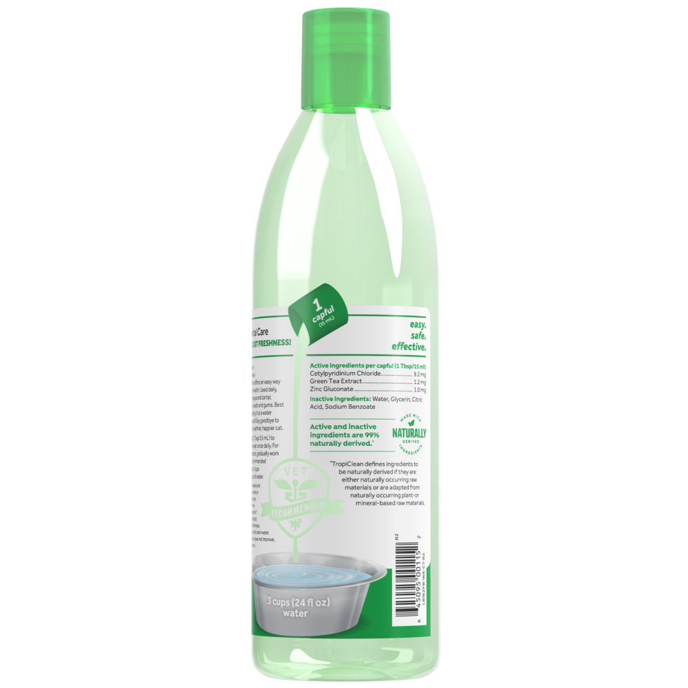 Fresh Breath by TropiClean Oral Care Water Additive for Cats, image of back 16oz bottle