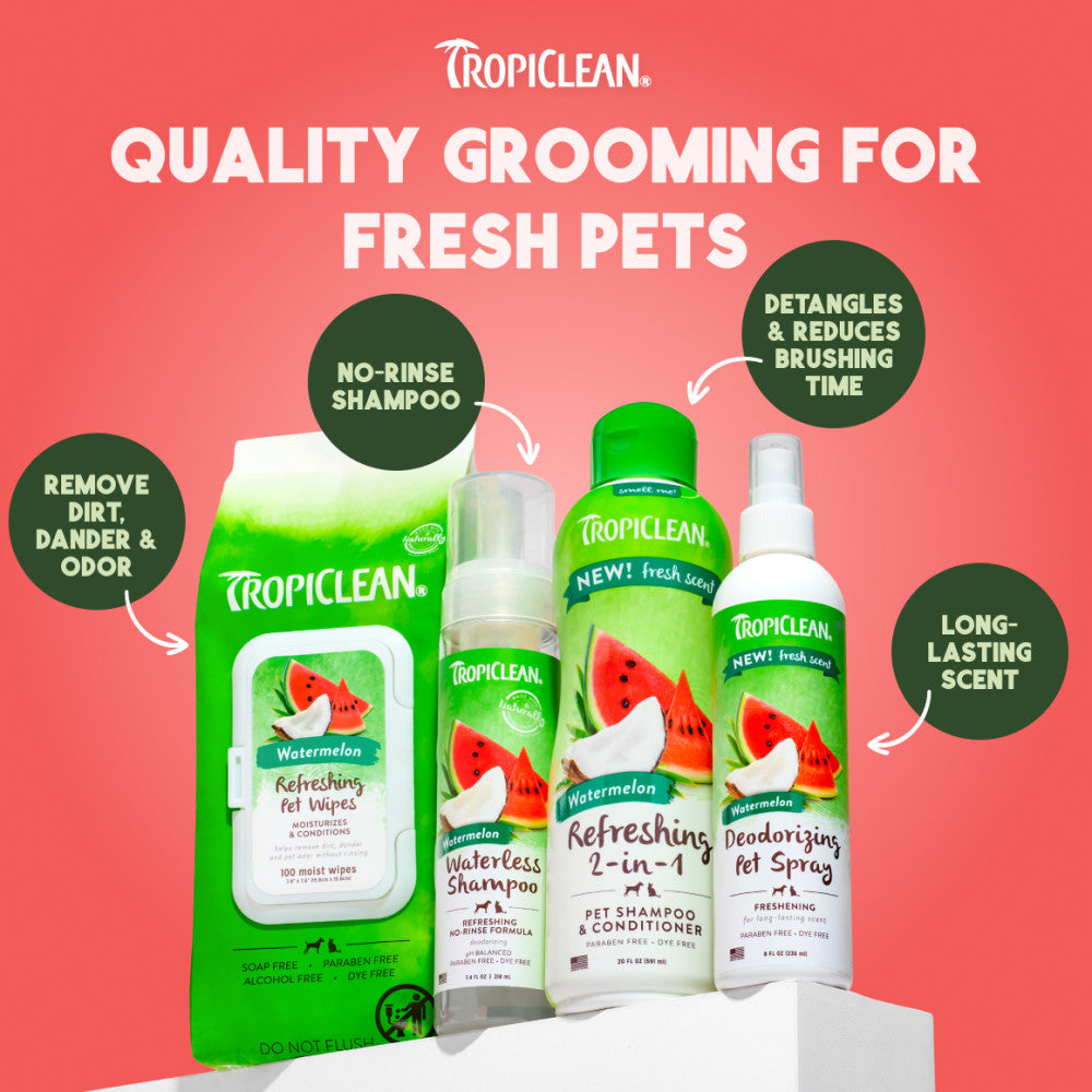 TropiClean Watermelon pet care products on a pink background with text highlighting features.