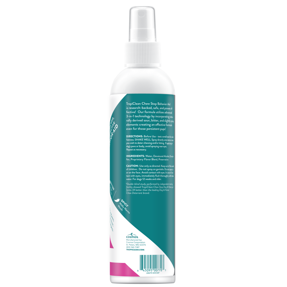 TropiClean Chew Stop Behavior Aid Dog & Home Spray, back image of spray bottle