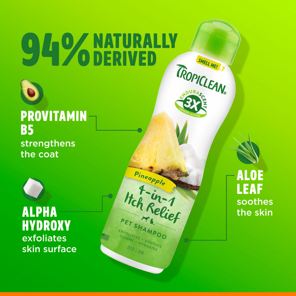 TropiClean EnduraScent™ Pineapple Itch Relief Pet Shampoo for Dogs and Cats bottle with green background and product features.