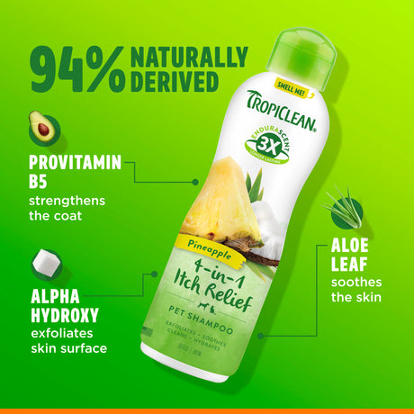 TropiClean EnduraScent™ Pineapple Itch Relief Pet Shampoo for Dogs and Cats bottle with green background and product features.