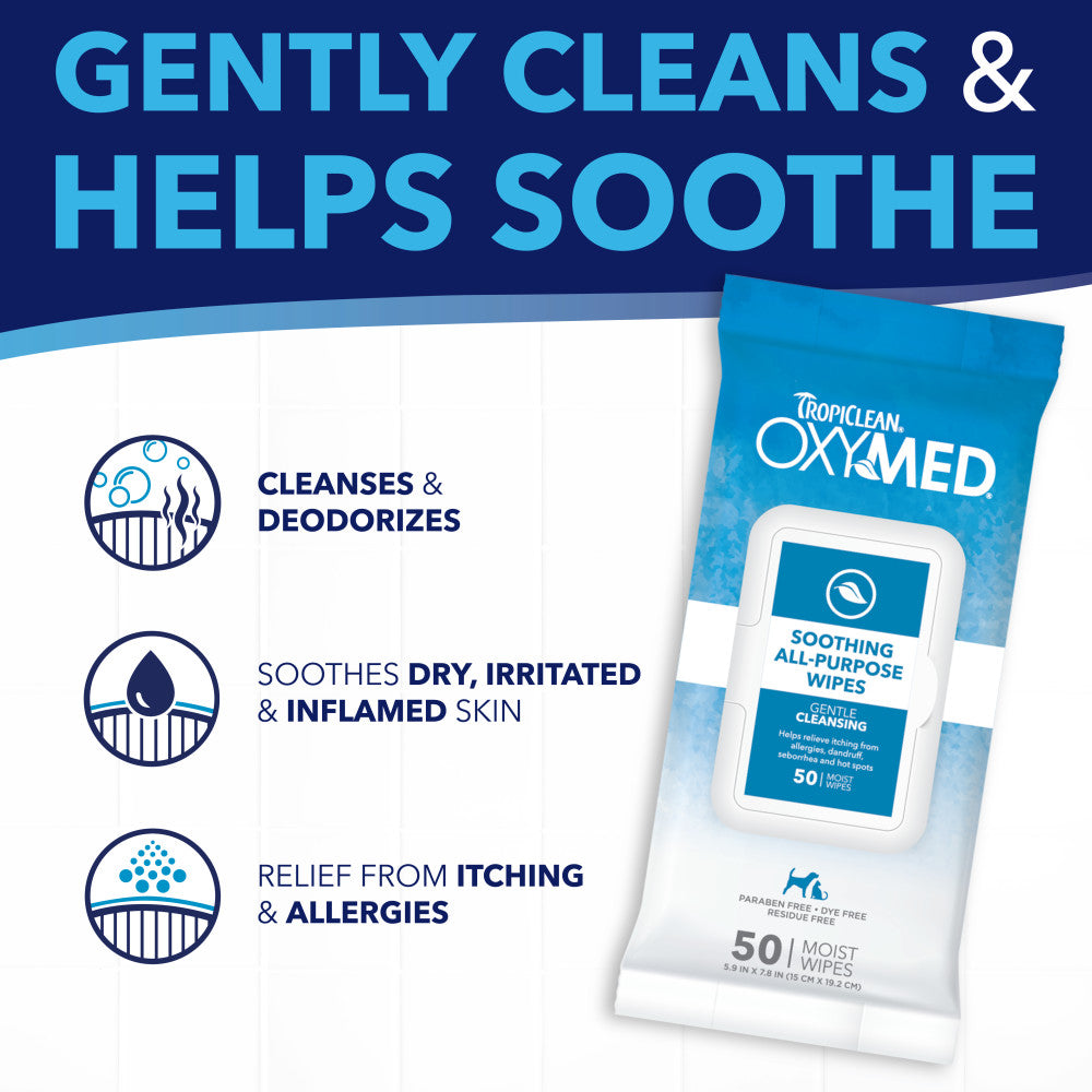 Tropiclean OxyMed soothing all-purpose wipes packaging with text about product benefits
