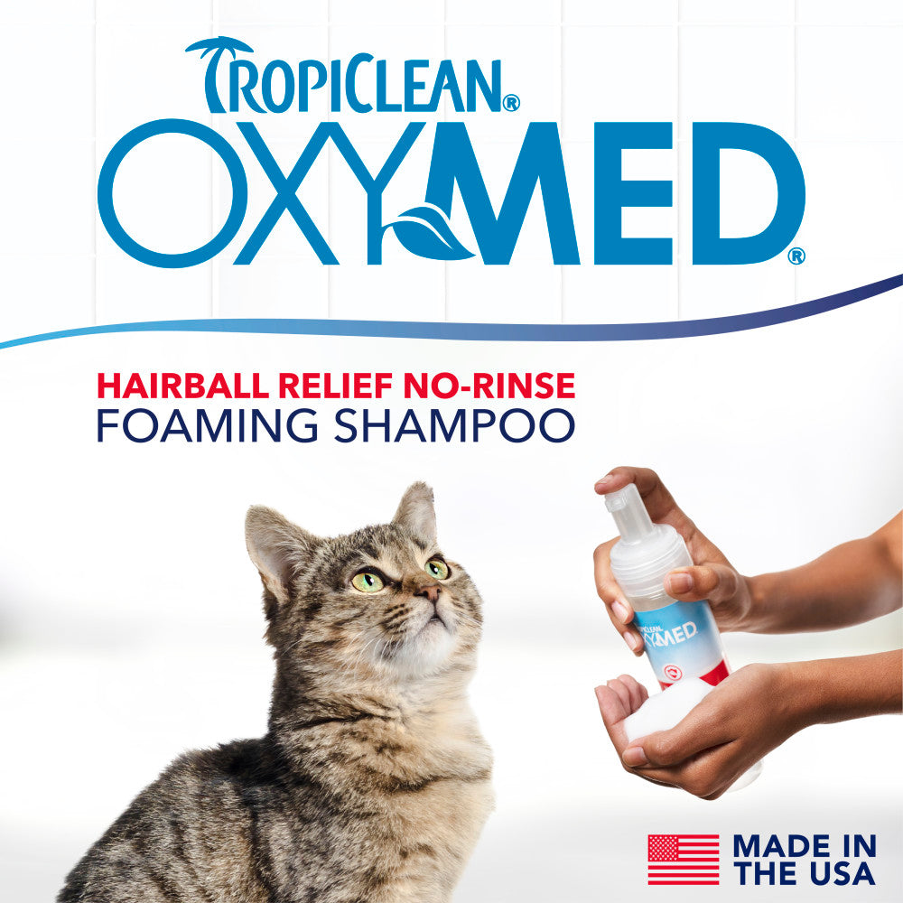TropiClean OxyMed Waterless Dry Shampoo for Cats, image of cat and a hand with the product