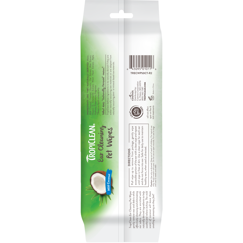 TropiClean Mild Coconut Dog & Cat Ear Cleaning Wipes, back of 50ct package