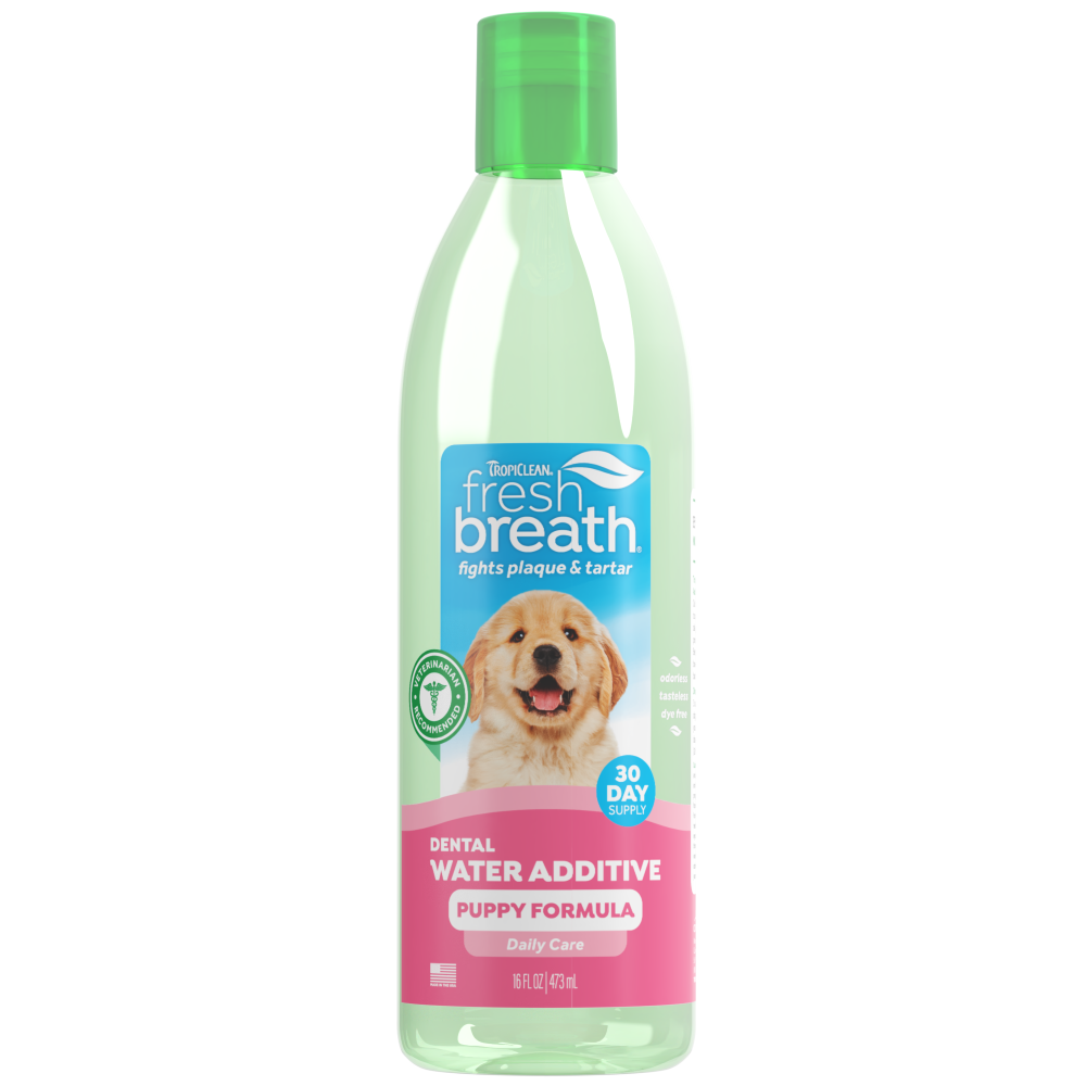 TropiClean Fresh Breath Oral Care Water Additive for Puppies, front view of 16oz bottle