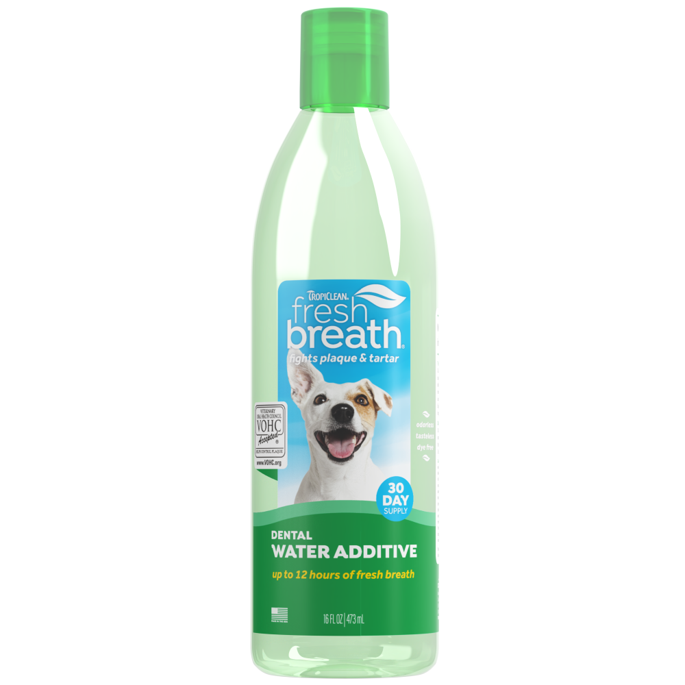 TropiClean Fresh Breath Oral Care Water Additive for Pets, front image of 16oz bottle