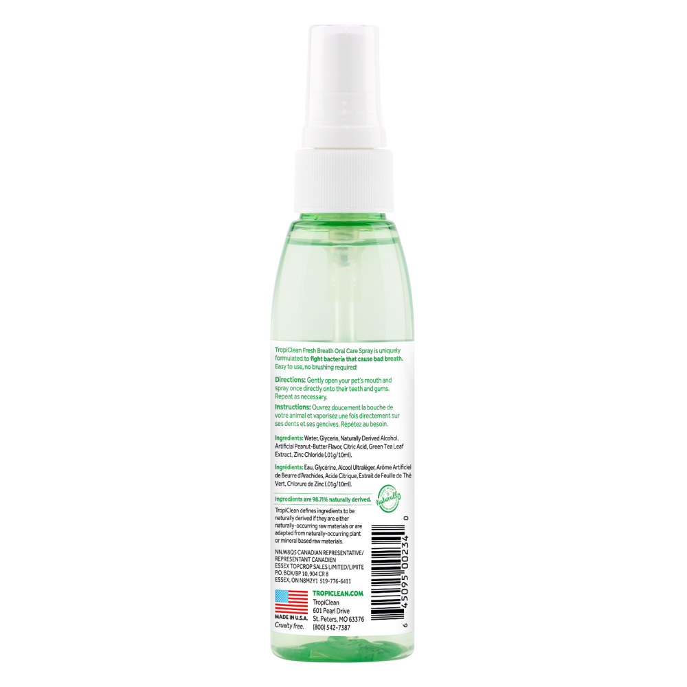 TropiClean Fresh Breath Peanut Butter Oral Care Spray for Pets, image of back of bottle