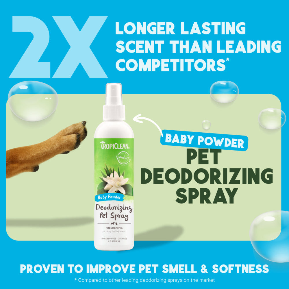 TropiClean Baby Powder Deodorizing Spray for Dogs & Cats with promotional text