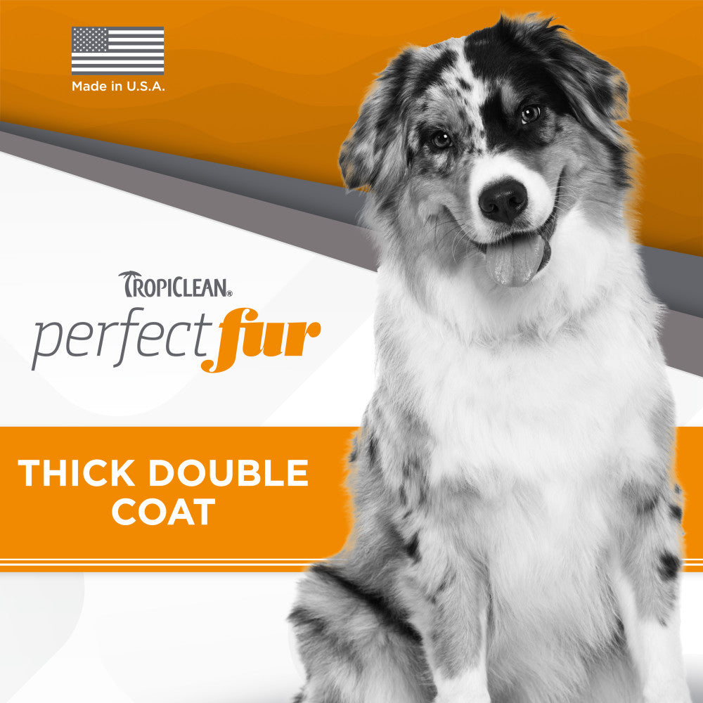 TropiClean Perfect Fur Thick Double Coat Shampoo for Dogs. Dog with 'Tropiclean perfect fur' text on an orange and gray background.