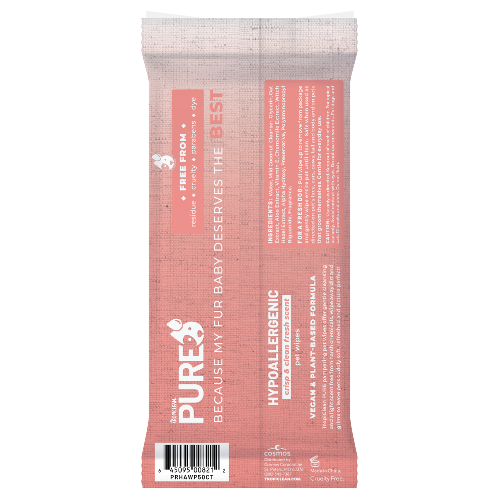 TropiClean PURE Hypoallergenic Plant-Based Wipes for Dogs & Cats, back of 50ct package