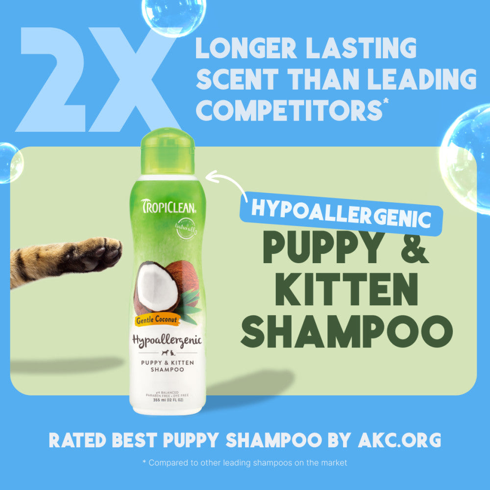 TropiClean Gentle Coconut Hypoallergenic Cat & Kitten Shampoo bottle with promotional text