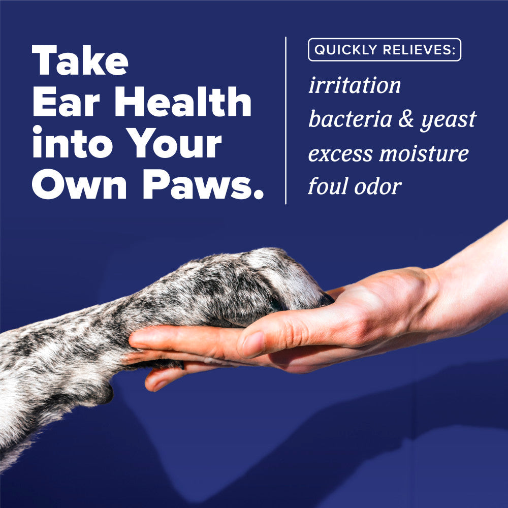 Dog paw being held by a human hand with text about ear health, TropiClean HomeVet Medicated Dog Ear Drops