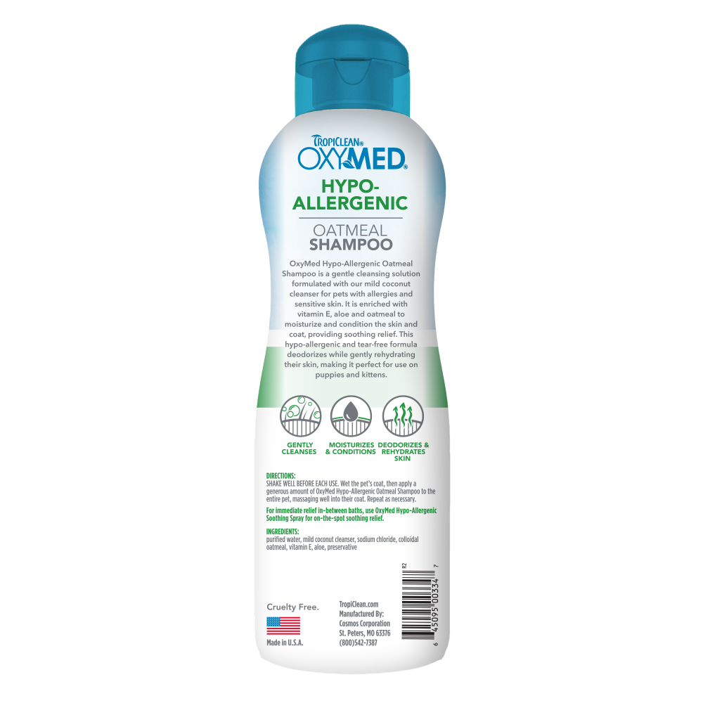 TropiClean OxyMed Hypoallergenic Oatmeal Shampoo for Dogs and Cats, back of bottle.