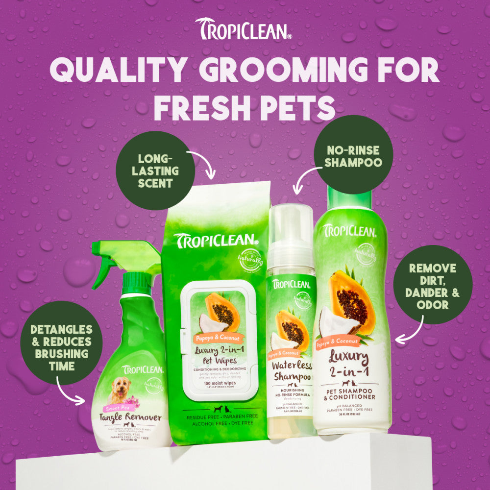Tropiclean pet care products on a purple background with text highlighting features.