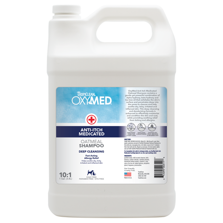 TropiClean OxyMed Medicated Anti Itch Shampoo for Pets, front of 1gal bottle
