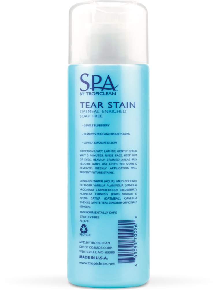 SPA by TropiClean Tear Stain Remover for Pets, back of 8oz bottle
