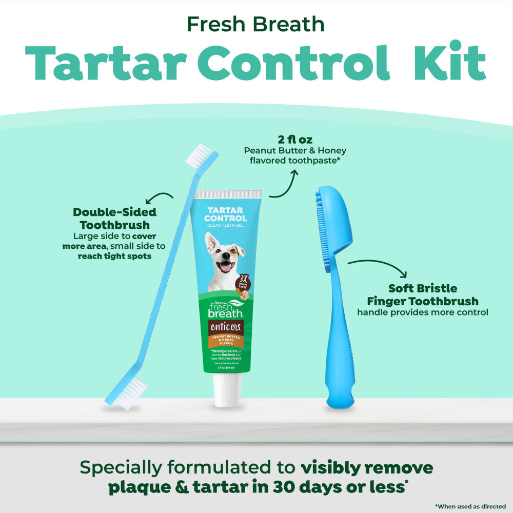 Fresh Breath Enticers Peanut Butter & Honey Tartar Control Dog Dental Kit. Kit with toothbrushes and toothpaste on a light blue background