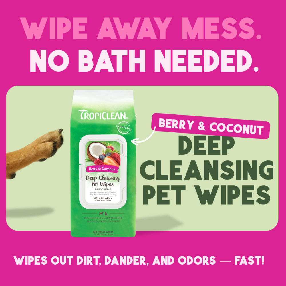 TropiClean Berry & Coconut Deep Cleaning Pet Wipes packaging on a pink and green background with text.