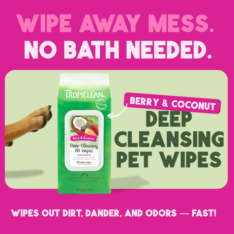 TropiClean Berry & Coconut Deep Cleaning Pet Wipes packaging on a pink and green background with text.
