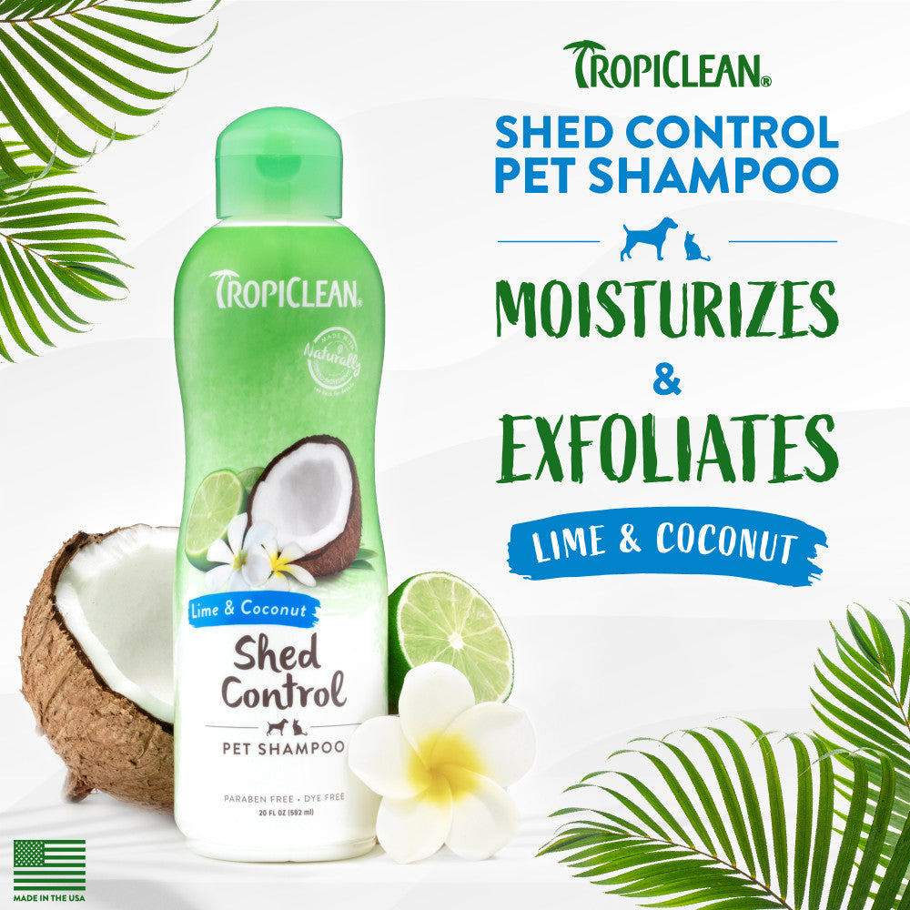 TropiClean Lime & Coconut Shed Control Shampoo for Pets bottle with lime and coconut