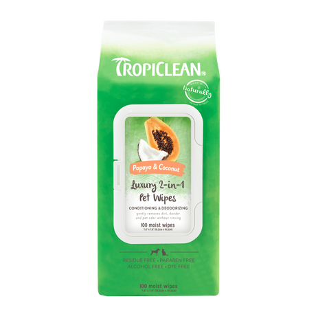TropiClean Papaya & Coconut Luxury 2-In-1 Pet Wipes, front of 100ct package
