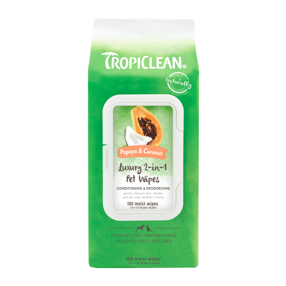 TropiClean Papaya & Coconut Luxury 2-In-1 Pet Wipes, front of 100ct package