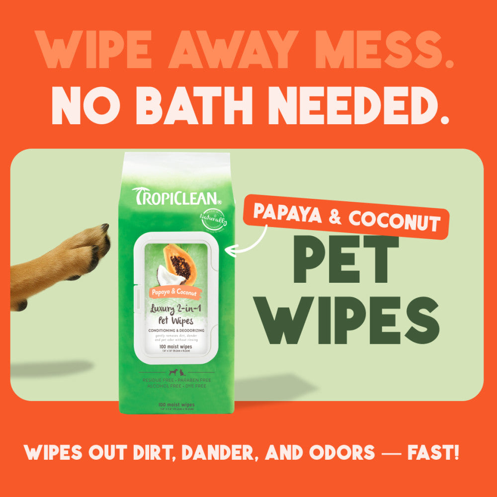 TropiClean Papaya & Coconut Luxury 2-In-1 Pet Wipes with promotional text on an orange background