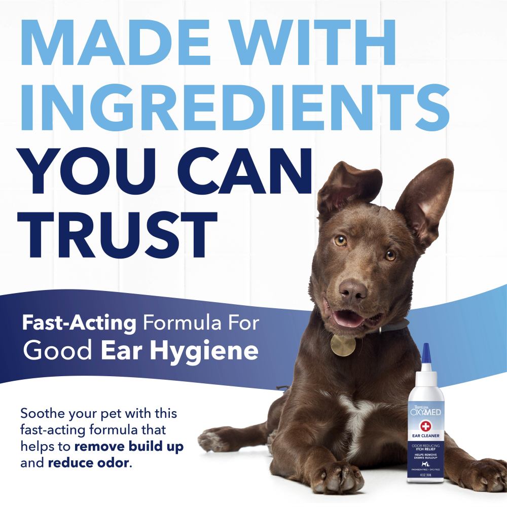TropiClean OxyMed Ear Cleaner for Dogs and Cats, dog with ear care product and text about good ear hygiene