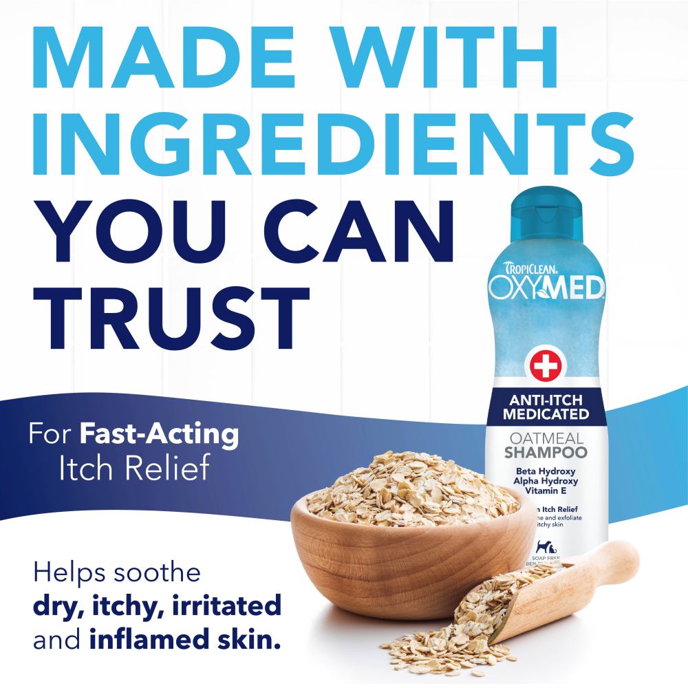 TropiClean OxyMed Medicated Anti Itch Shampoo for Pets bottle with a bowl of oats and text about itchy skin relief.