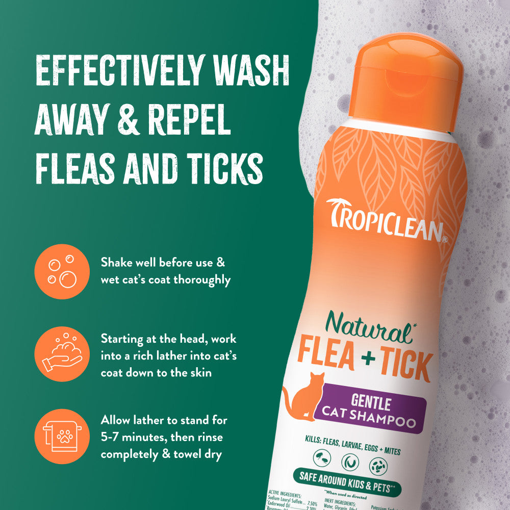 TropiClean Natural Flea + Tick Gentle Cat Shampoo, bottle with usage instructions on a green background