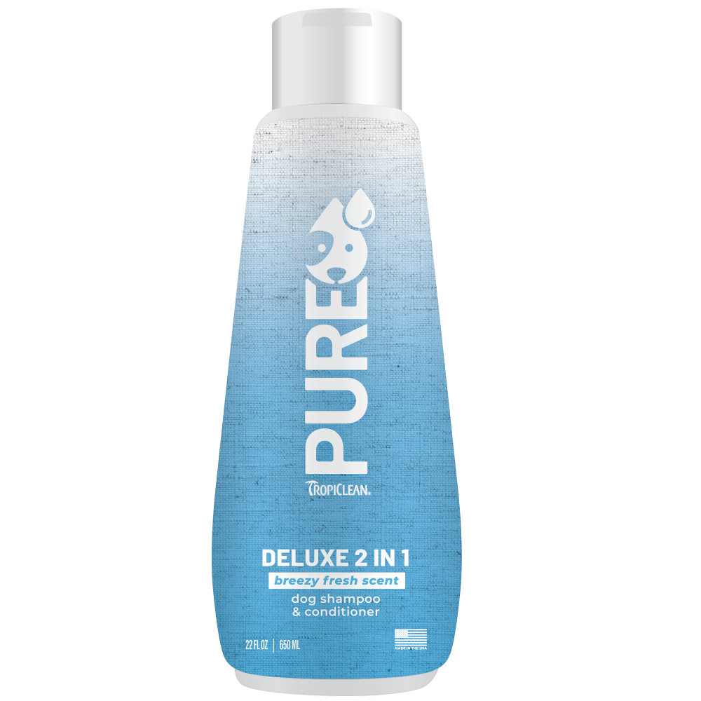 TropiClean PURE Breezy Fresh Deluxe 2-in-1 Plant-Based Dog Shampoo and Conditioner, front of 22oz bottle