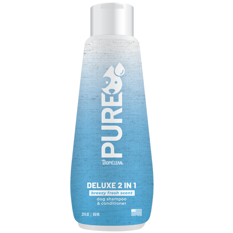 TropiClean PURE Breezy Fresh Deluxe 2-in-1 Plant-Based Dog Shampoo and Conditioner, front of 22oz bottle