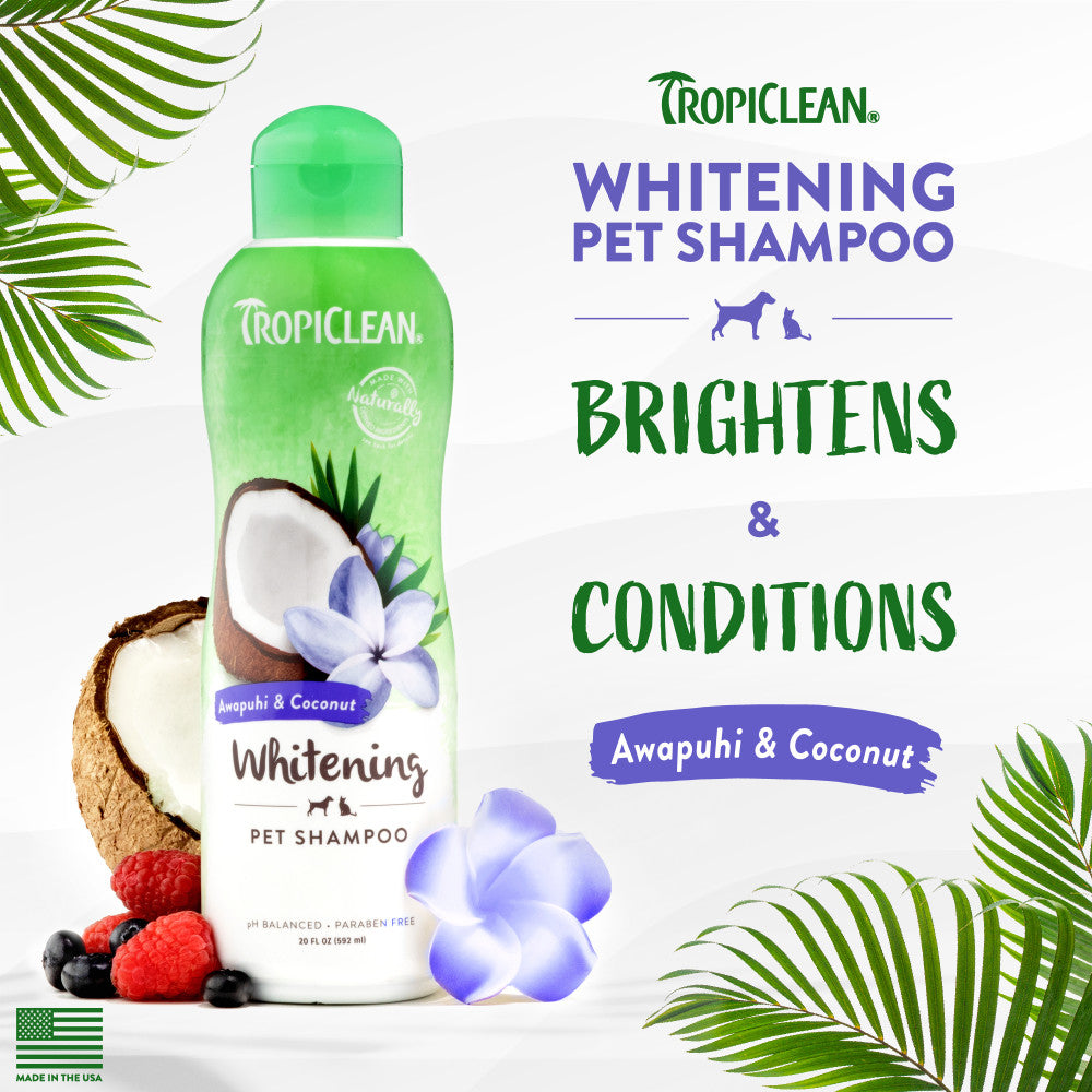 TropiClean Awapuhi & Coconut Whitening Shampoo for Pets bottle with ingredients and text