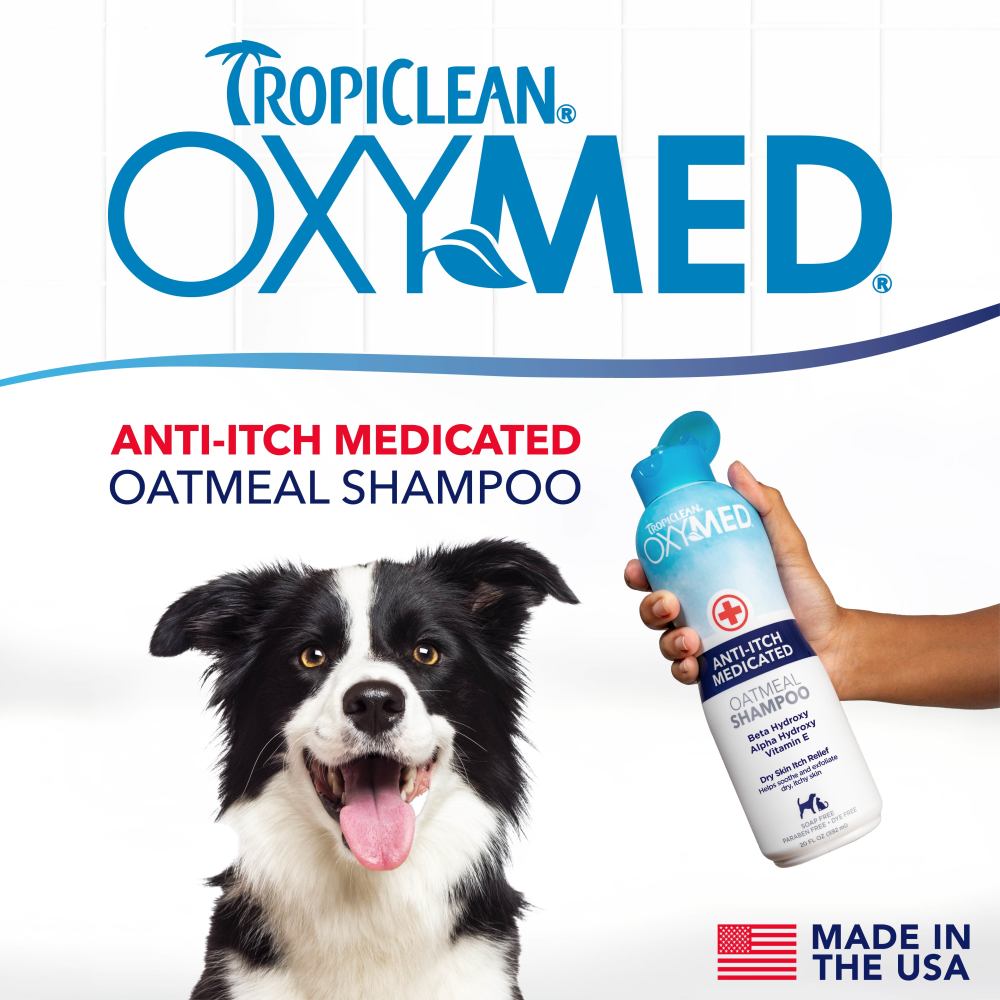 TropiClean OxyMed Medicated Anti Itch Shampoo for Pets bottle with a dog and hand holding it on a white background