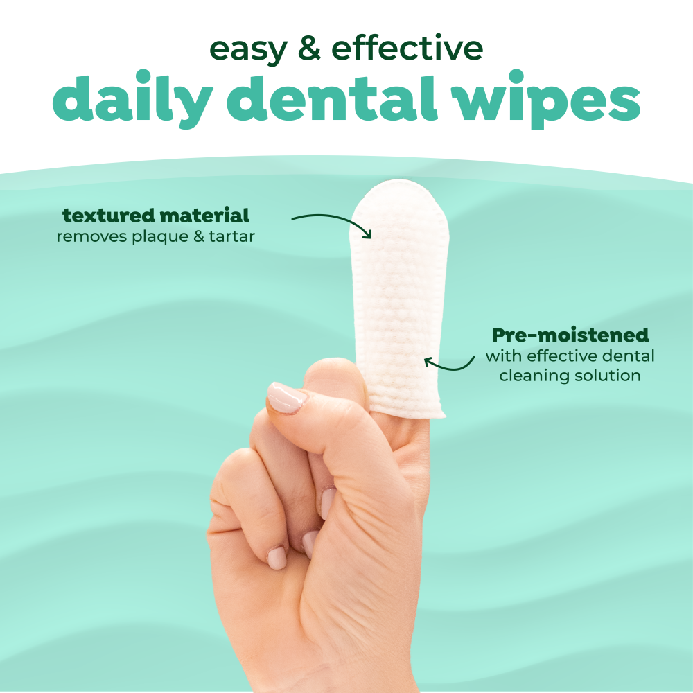 TropiClean Fresh Breath Finger Dental Wipes for Pets. Hand with a dental wipe on finger with text highlighting features on a teal background