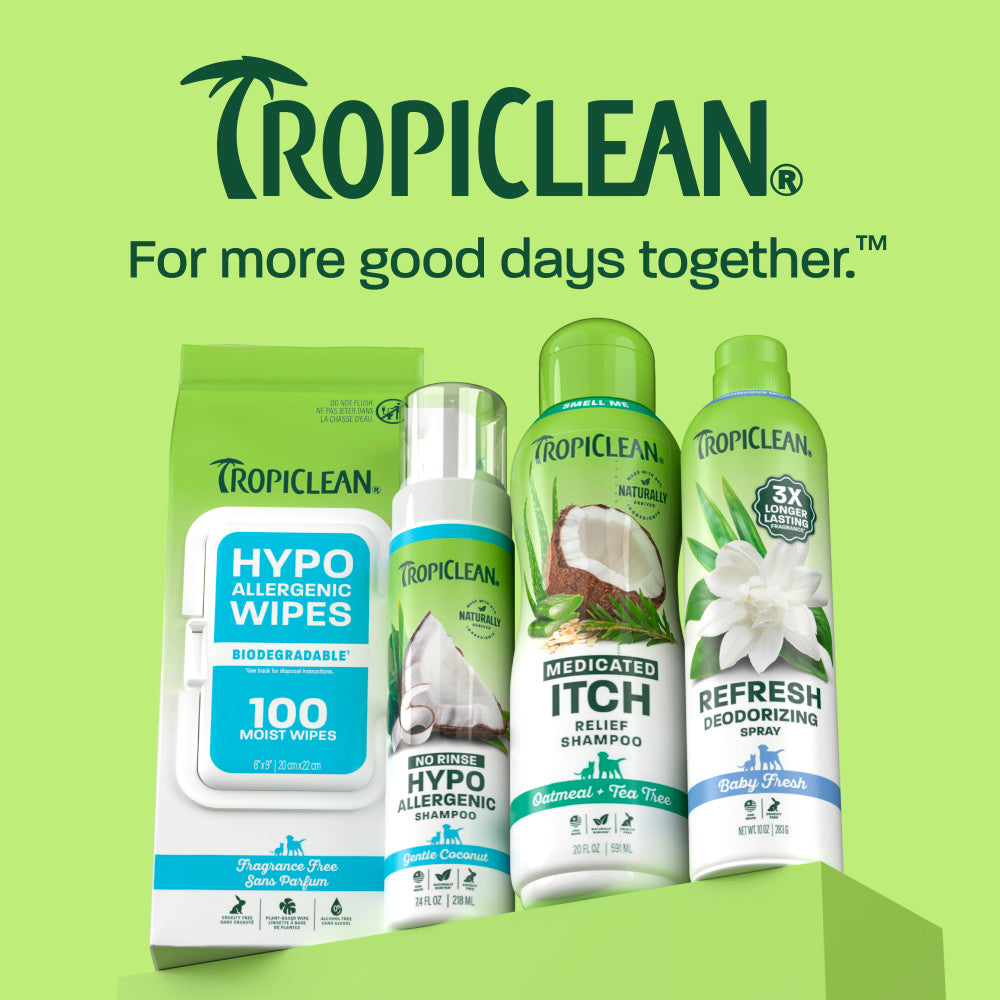 TropiClean itch line up on light green background.