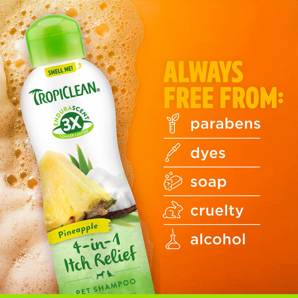 TropiClean EnduraScent™ Pineapple Itch Relief Pet Shampoo for Dogs and Cats with ingredients list on an orange background