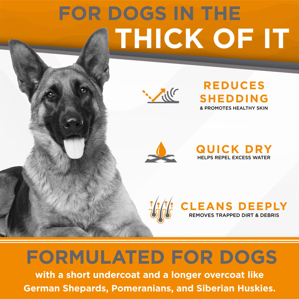 TropiClean Perfect Fur Thick Double Coat Shampoo for Dogs. Product advertisement with a German Shepherd and text about dog care benefits.