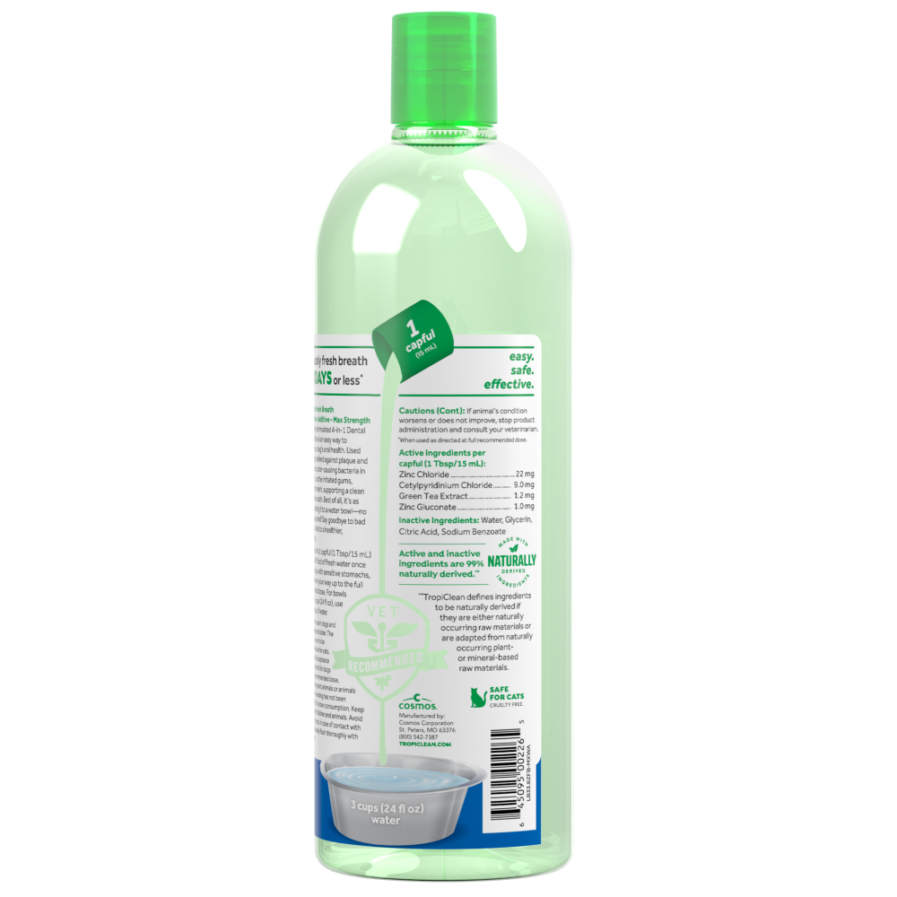 TropiClean Fresh Breath Max Strength Dental Water Additive for Dogs, back image of 33.8oz bottle