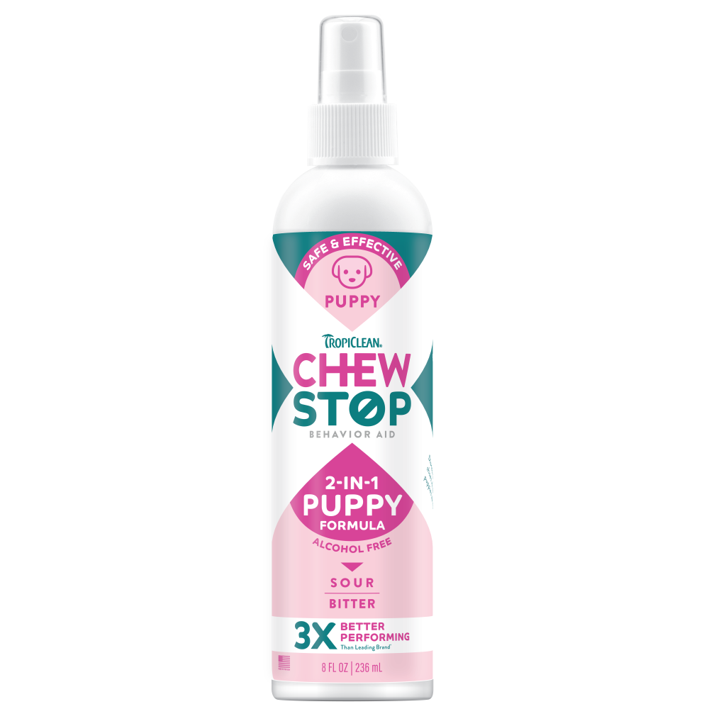 TropiClean Chew Stop Behavior Aid Puppy Spray, front of 8oz spray bottle