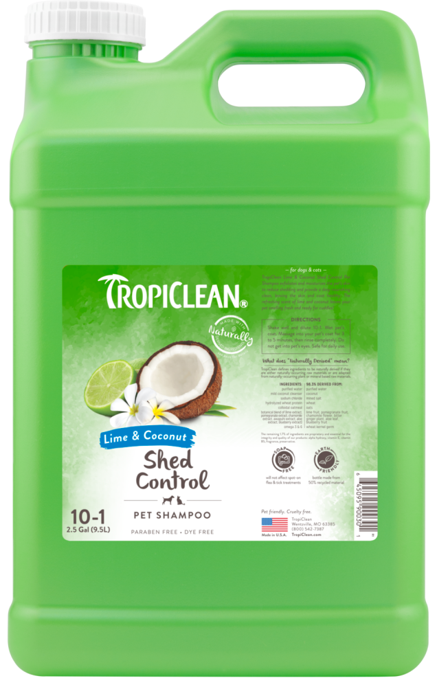 TropiClean Lime & Coconut Shed Control Shampoo for Pets, front of 2.5 gal bottle