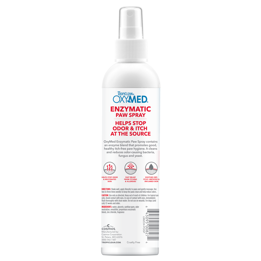 TropiClean OxyMed Enzymatic Paw Odor and Itch Pet Spray, back of 8oz spray bottle