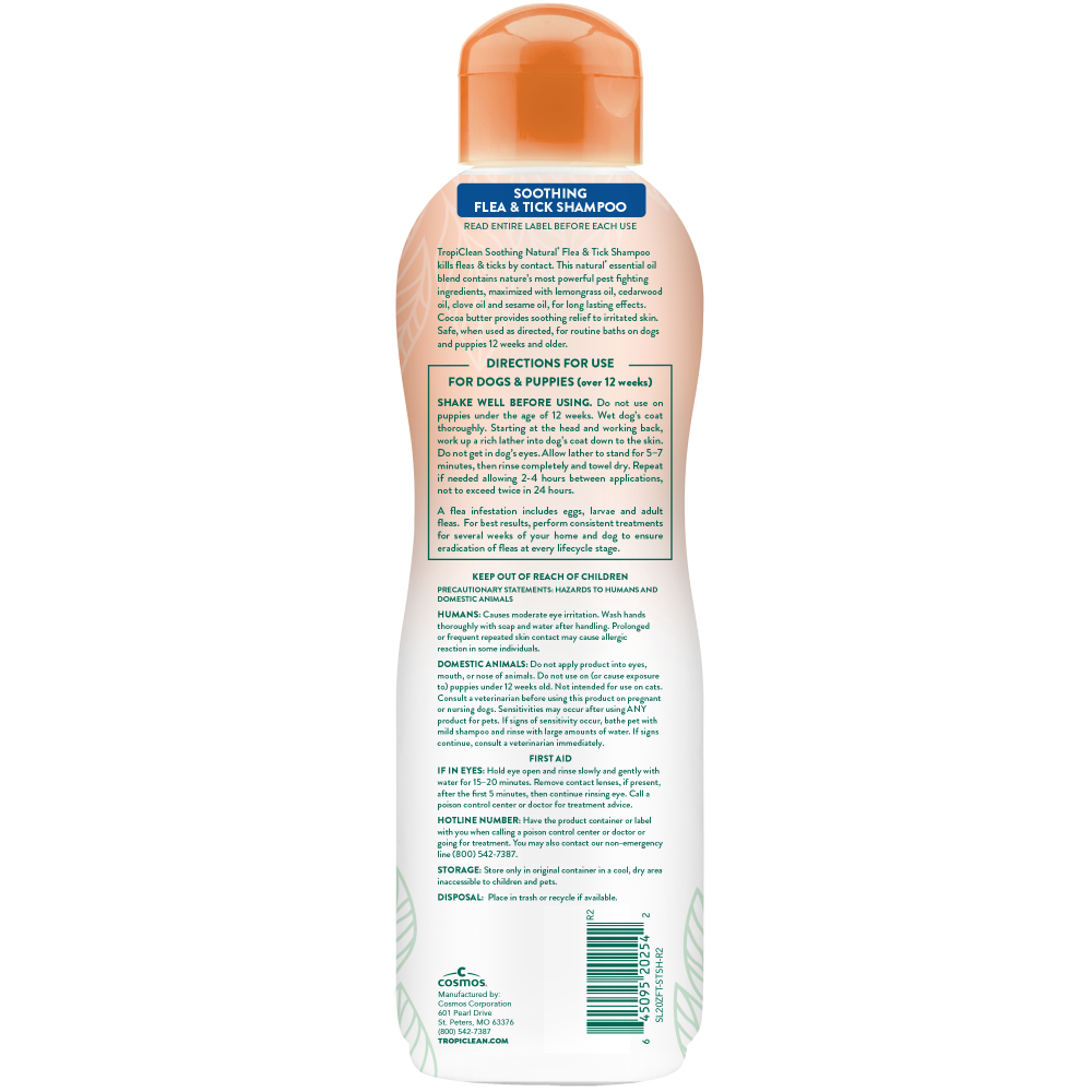 TropiClean Natural Flea + Tick Soothing Shampoo for Dogs, image of back of bottle