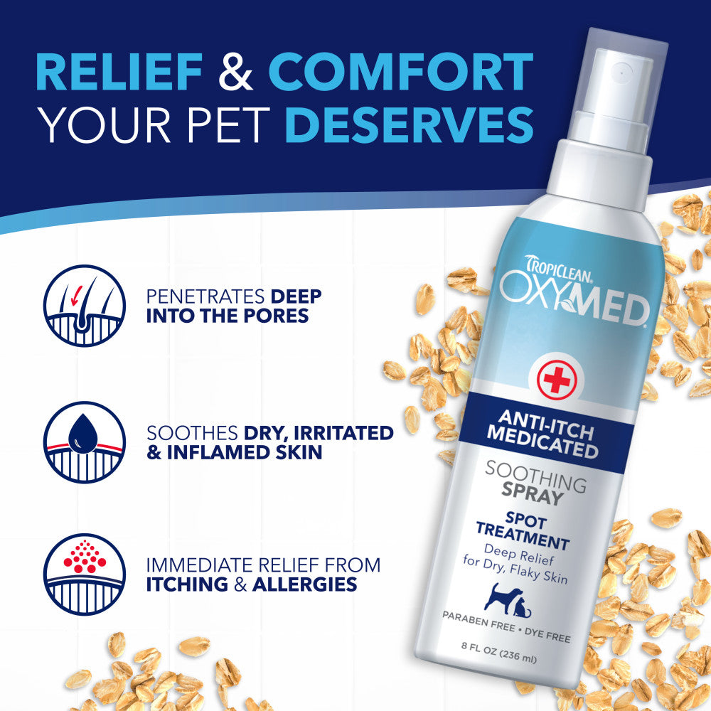 TropiClean OxyMed Medicated Anti-itch Spray for Pets with text highlighting benefits on a white and blue background.
