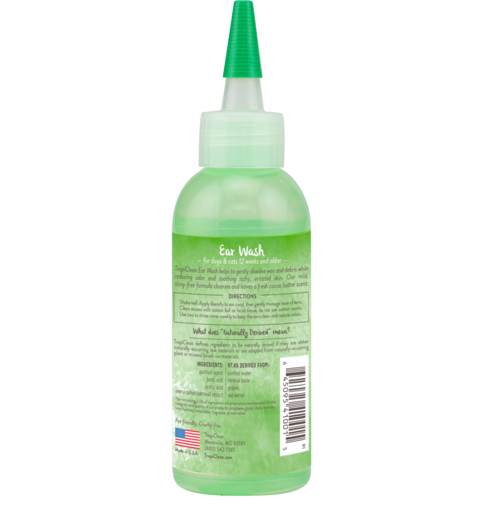 TropiClean Alcohol-Free Ear Wash for Dogs & Cats, back of 4oz bottle