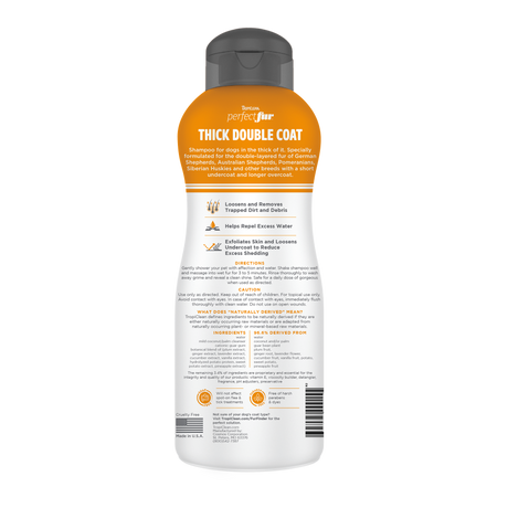 TropiClean Perfect Fur Thick Double Coat Shampoo for Dogs, back of 16oz bottle