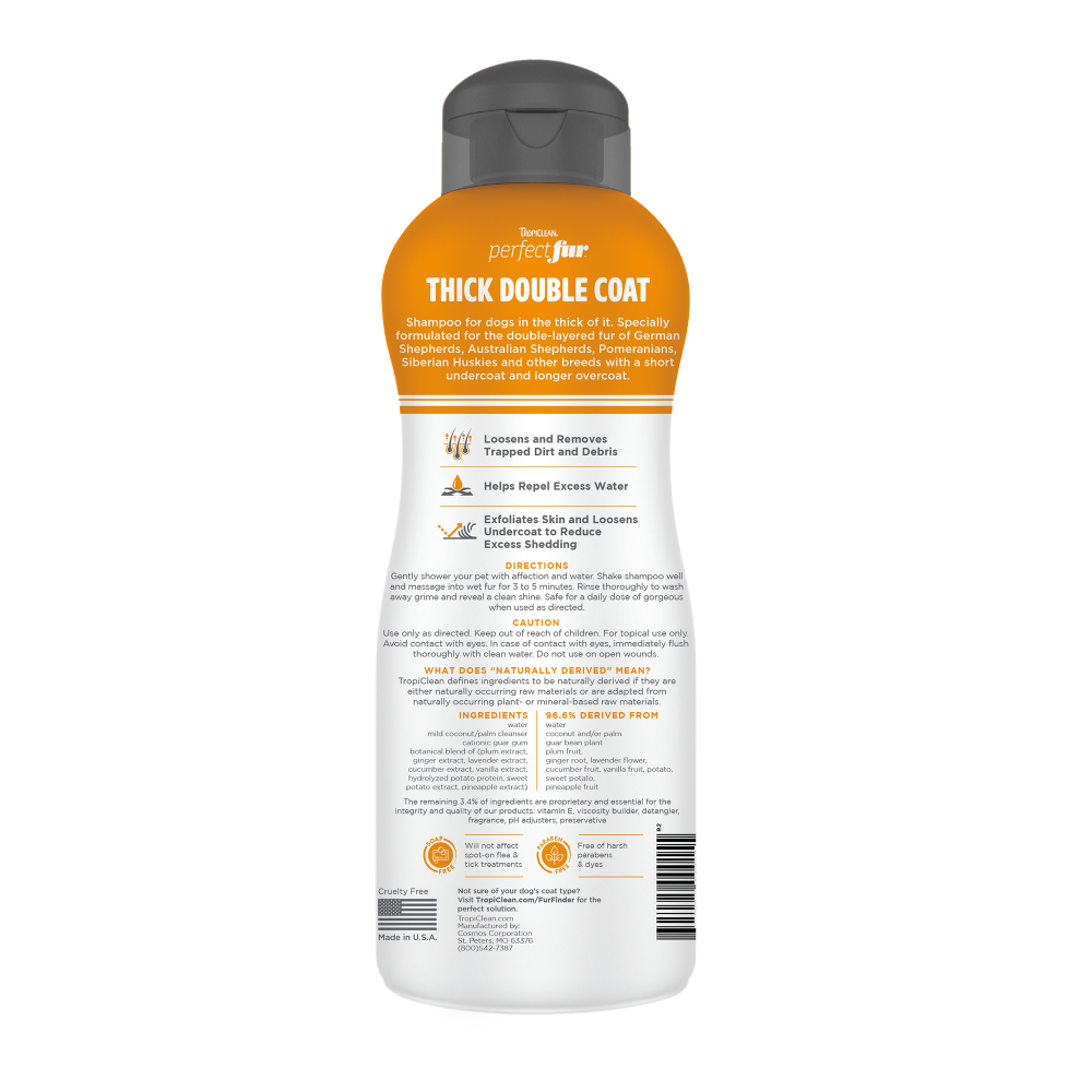 TropiClean Perfect Fur Thick Double Coat Shampoo for Dogs, back of 16oz bottle